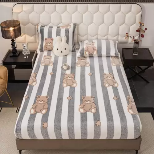 Cearsaf CoCoLiNo, JoJo Home, cu Elastic, 180x200x25cm, 2 fete de perne, 50x70cm, Alb, Gri, Dungi, Ursuleti