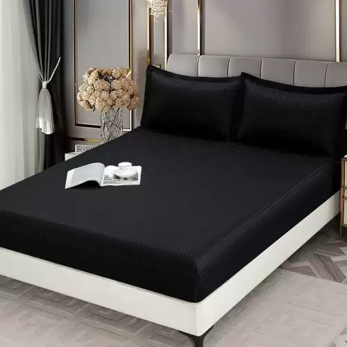 Cearsaf cu Elastic 180x200 cm Damasc Finetat, 70% Bumbac, si 2 Fete de Perna 50x70 cm, Negru