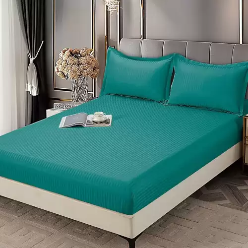 Cearsaf cu Elastic 180x200 cm Damasc Finetat, 70% Bumbac, si 2 Fete de Perna 50x70 cm, Turcuaz