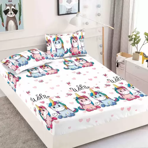 Cearsaf cu elastic, Bumbac FINET, 160/180x200cm, 2 fete de perne 50x70cm, Jojo Home, Alb, Roz, Bleu, Unicorni