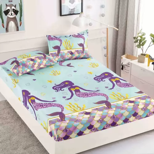 Cearsaf cu elastic, Bumbac FINET, 160/180x200cm, 2 fete de perne 50x70cm, Jojo Home, Bleu, Mov, Sirene