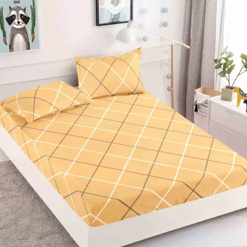 Cearsaf cu elastic, Bumbac FINET, 160/180x200cm, 2 fete de perne 50x70cm, Jojo Home, Galben, dungi