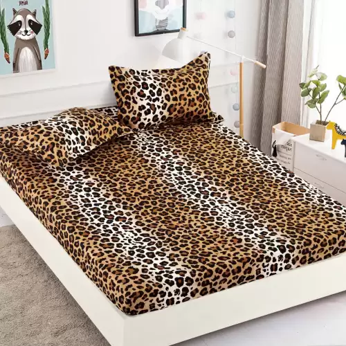 Cearsaf cu elastic, Bumbac FINET, 160/180x200cm, 2 fete de perne 50x70cm, Jojo Home, Maro-Multicolor, animal print