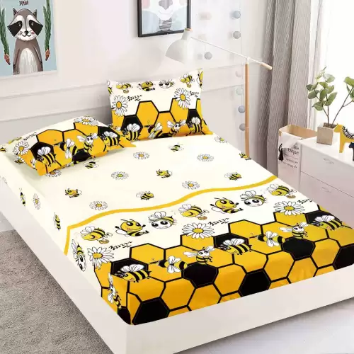 Cearsaf cu elastic, Bumbac FINET, 90x200cm, 2 fete de perne 50x70cm, Jojo Home, Galben, Albinute