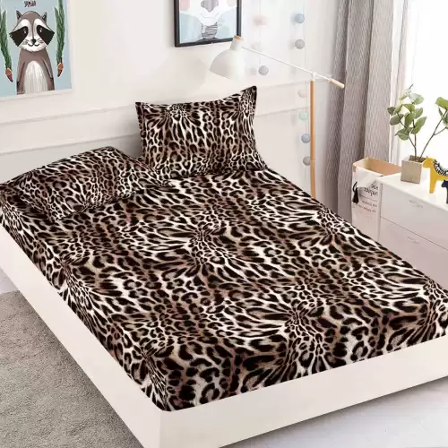Cearsaf cu elastic, Bumbac FINET, 90x200cm, 2 fete de perne 50x70cm, Jojo Home, Maro, Animal Print