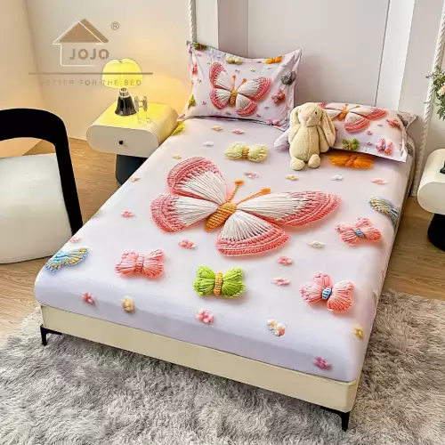 Cearsaf cu elastic, Bumbac FINET, Imprimeu 5D Identic cu Poza, 160x200cm, 2 fete de perne 50x70cm, Jojo Home, Alb, Fluturi