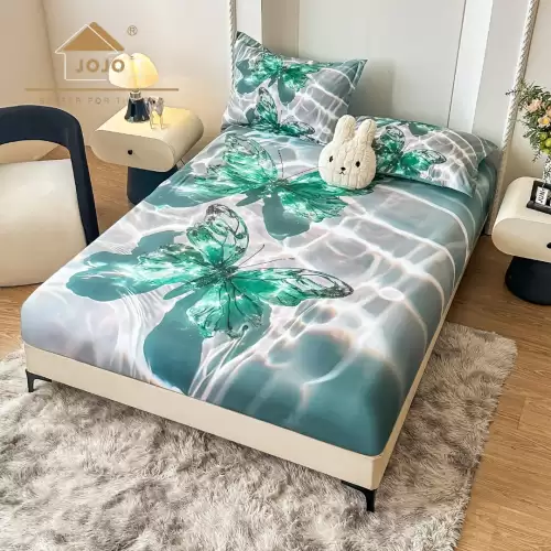 Cearsaf cu elastic, Bumbac FINET, Imprimeu 5D Identic cu Poza, 160x200cm, 2 fete de perne 50x70cm, Jojo Home, Albastru, Bleu, Alb, Unicorn