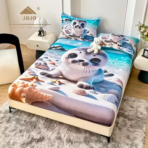 Cearsaf cu elastic, Bumbac FINET, Imprimeu 5D Identic cu Poza, 160x200cm, 2 fete de perne 50x70cm, Jojo Home, Bleu, Gri, Foca