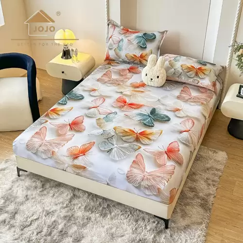 Cearsaf cu elastic, Bumbac FINET, Imprimeu 5D Identic cu Poza, 160x200cm, 2 fete de perne 50x70cm, Jojo Home, Crem, Fluturasi Multicolori