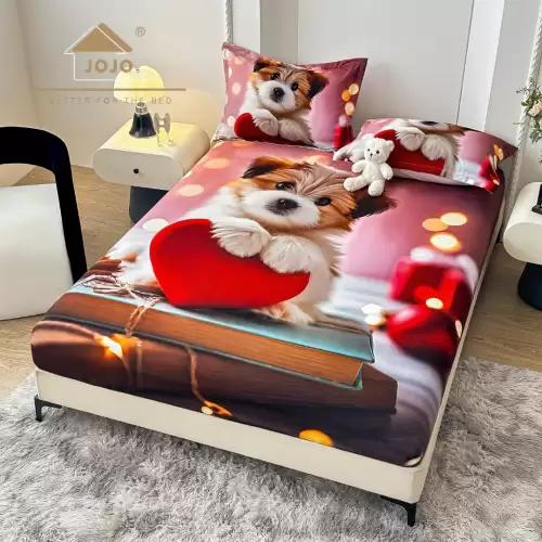 Cearsaf cu elastic, Bumbac FINET, Imprimeu 5D Identic cu Poza, 160x200cm, 2 fete de perne 50x70cm, Jojo Home, Multicolor, Catelus cu Inimioara