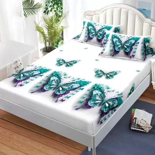 Cearsaf cu Elastic, Bumbac Satinat, 160x200 cm + 2 Fete de Perna 50x70 cm, Alb, fluturi turcuaz