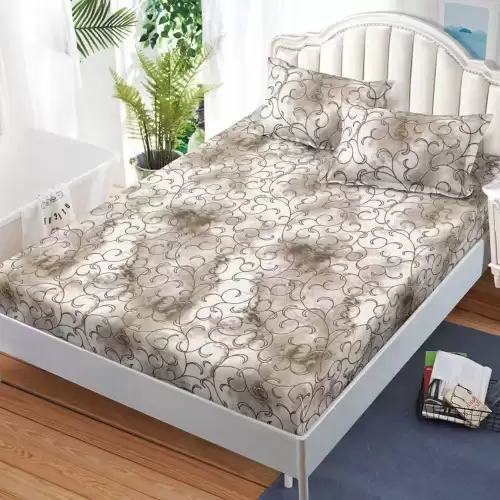 Cearsaf cu Elastic, Bumbac Satinat, 160x200 cm + 2 Fete de Perna 50x70 cm, Bej, abstract