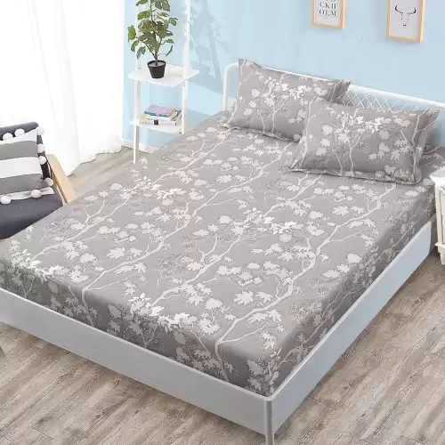 Cearsaf cu Elastic, Bumbac Satinat, 160x200 cm + 2 Fete de Perna 50x70 cm, Bej, crengute copaci