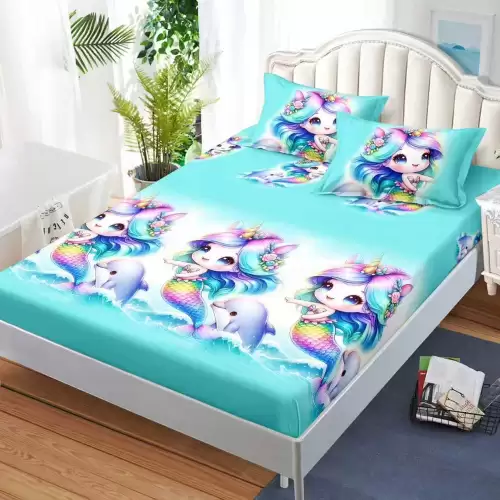 Cearsaf cu Elastic, Bumbac Satinat, 160x200 cm + 2 Fete de Perna 50x70 cm, Bleu, sirene, delfini