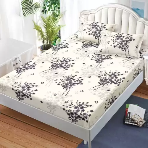 Cearsaf cu Elastic, Bumbac Satinat, 160x200 cm + 2 Fete de Perna 50x70 cm, Crem, floricele