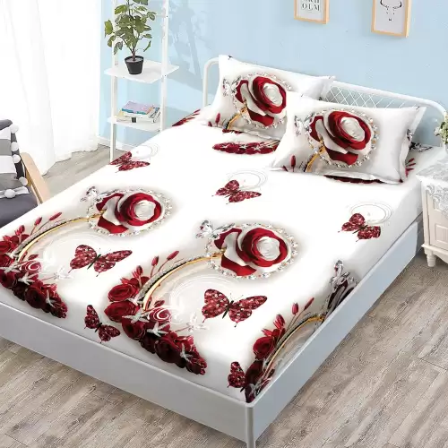 Cearsaf cu Elastic, Bumbac Satinat, 160x200 cm + 2 Fete de Perna 50x70 cm, Crem, fluturi si flori