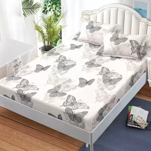 Cearsaf cu Elastic, Bumbac Satinat, 160x200 cm + 2 Fete de Perna 50x70 cm, Crem, fluturi