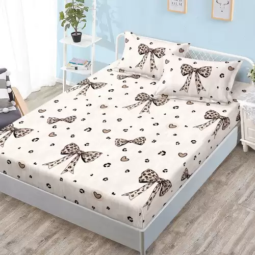 Cearsaf cu Elastic, Bumbac Satinat, 160x200 cm + 2 Fete de Perna 50x70 cm, Crem, fundite si inimioare