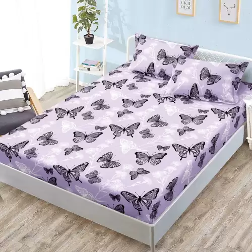 Cearsaf cu Elastic, Bumbac Satinat, 160x200 cm + 2 Fete de Perna 50x70 cm, Lila, fluturi