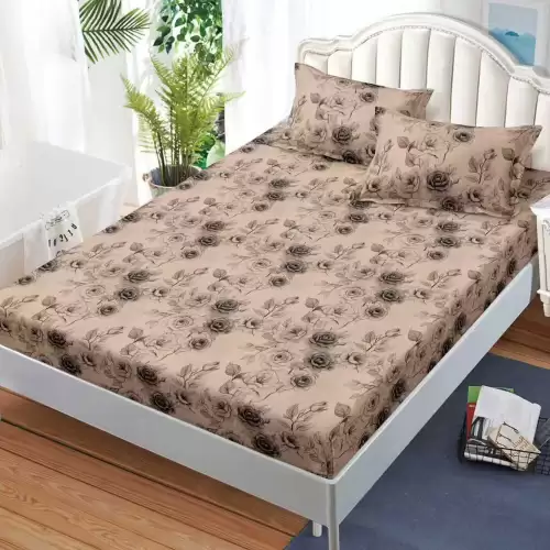 Cearsaf cu Elastic, Bumbac Satinat, 160x200 cm + 2 Fete de Perna 50x70 cm, Maro, trandafiri