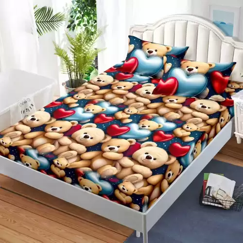 Cearsaf cu Elastic, Bumbac Satinat, 160x200 cm + 2 Fete de Perna 50x70 cm, Maro, ursuleti