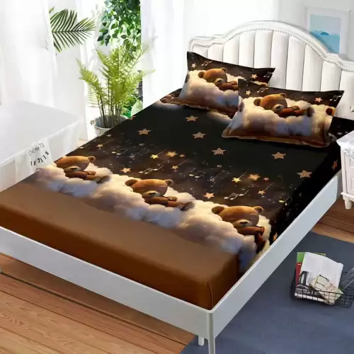 Cearsaf cu Elastic, Bumbac Satinat, 160x200 cm + 2 Fete de Perna 50x70 cm, Maro, ursuleti