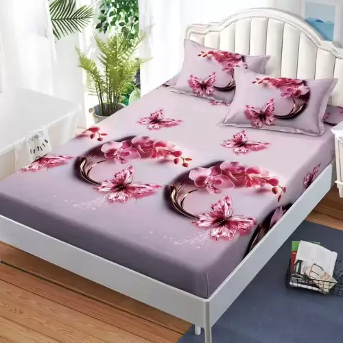 Cearsaf cu Elastic, Bumbac Satinat, 160x200 cm + 2 Fete de Perna 50x70 cm, Mov, fluturi