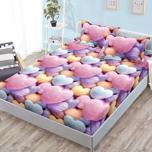 Cearsaf cu Elastic, Bumbac Satinat, 160x200 cm + 2 Fete de Perna 50x70 cm, Roz, inimioare