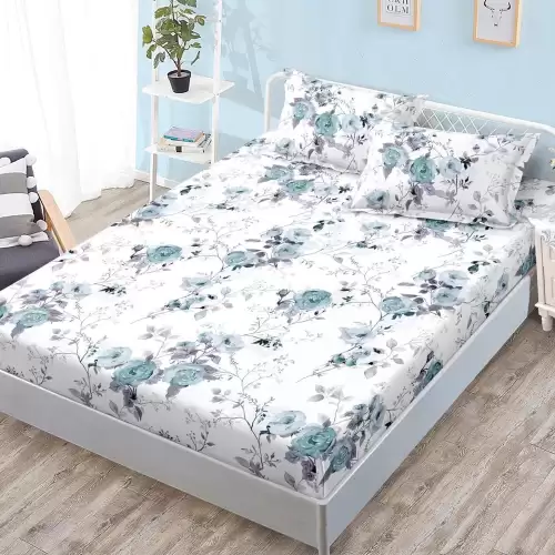 Cearsaf cu Elastic, Bumbac Satinat, 180x200 cm + 2 Fete de Perna 50x70 cm, Alb, flori albastre