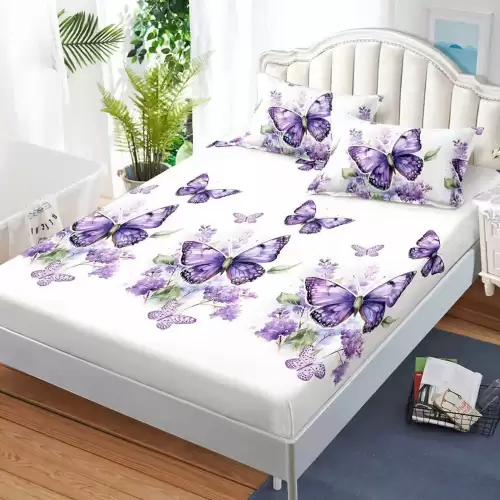 Cearsaf cu Elastic, Bumbac Satinat, 180x200 cm + 2 Fete de Perna 50x70 cm, Alb, fluturi mov