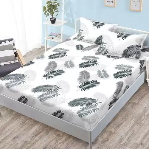 Cearsaf cu Elastic, Bumbac Satinat, 180x200 cm + 2 Fete de Perna 50x70 cm, Alb, Frunze