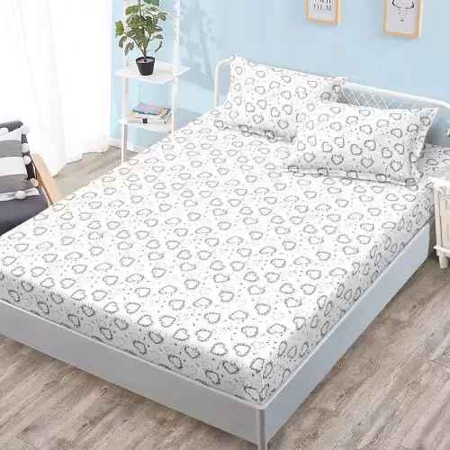 Cearsaf cu Elastic, Bumbac Satinat, 180x200 cm + 2 Fete de Perna 50x70 cm, Alb, inimioare