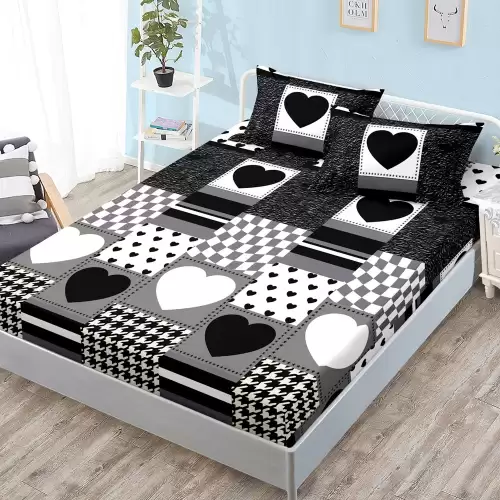 Cearsaf cu Elastic, Bumbac Satinat, 180x200 cm + 2 Fete de Perna 50x70 cm, Alb, Negru, abstract