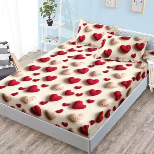 Cearsaf cu Elastic, Bumbac Satinat, 180x200 cm + 2 Fete de Perna 50x70 cm, Bej, inimioare