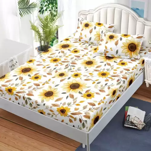 Cearsaf cu Elastic, Bumbac Satinat, 180x200 cm + 2 Fete de Perna 50x70 cm, Crem, flori