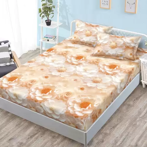 Cearsaf cu Elastic, Bumbac Satinat, 180x200 cm + 2 Fete de Perna 50x70 cm, Crem, flori