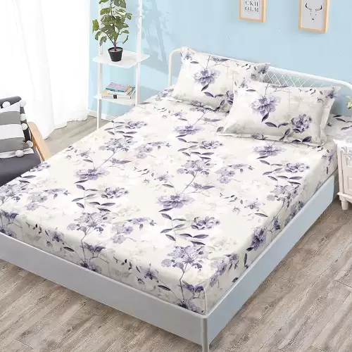 Cearsaf cu Elastic, Bumbac Satinat, 180x200 cm + 2 Fete de Perna 50x70 cm, Crem, flori