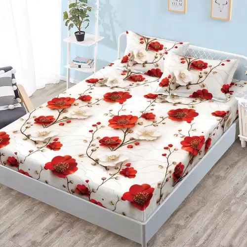 Cearsaf cu Elastic, Bumbac Satinat, 180x200 cm + 2 Fete de Perna 50x70 cm, Crem, flori