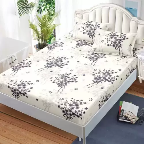 Cearsaf cu Elastic, Bumbac Satinat, 180x200 cm + 2 Fete de Perna 50x70 cm, Crem, floricele