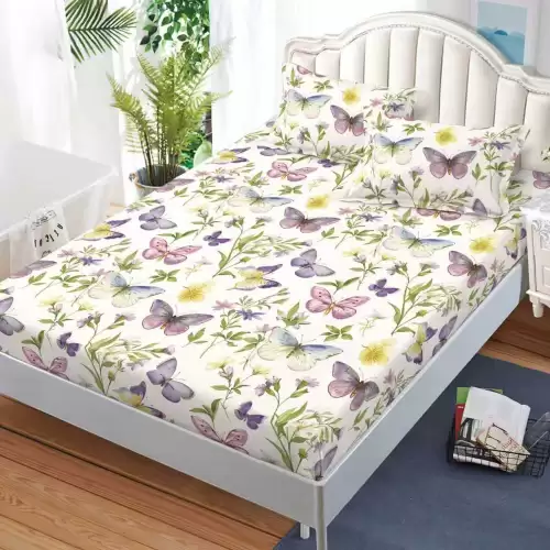 Cearsaf cu Elastic, Bumbac Satinat, 180x200 cm + 2 Fete de Perna 50x70 cm, Crem, fluturi