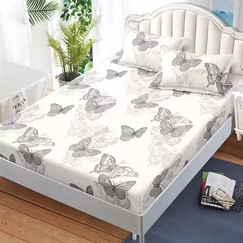 Cearsaf cu Elastic, Bumbac Satinat, 180x200 cm + 2 Fete de Perna 50x70 cm, Crem, fluturi