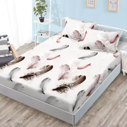 Cearsaf cu Elastic, Bumbac Satinat, 180x200 cm + 2 Fete de Perna 50x70 cm, Crem, pene