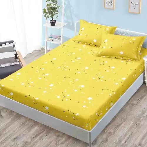 Cearsaf cu Elastic, Bumbac Satinat, 180x200 cm + 2 Fete de Perna 50x70 cm, Galben, Stelute