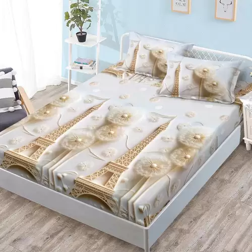 Cearsaf cu Elastic, Bumbac Satinat, 180x200 cm + 2 Fete de Perna 50x70 cm, Gri, Crem, Paris Turnul Eiffel