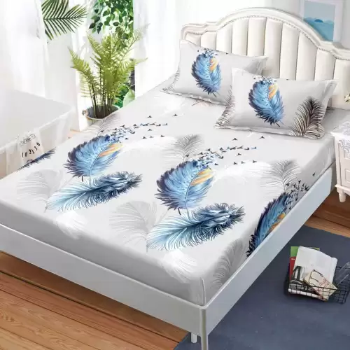 Cearsaf cu Elastic, Bumbac Satinat, 180x200 cm + 2 Fete de Perna 50x70 cm, Gri, pene albastre