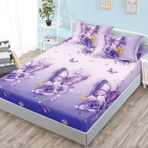 Cearsaf cu Elastic, Bumbac Satinat, 180x200 cm + 2 Fete de Perna 50x70 cm, Mov, fluturi si trandafiri