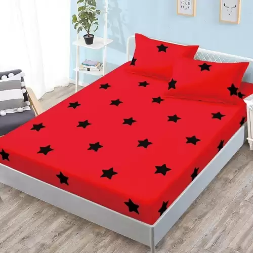 Cearsaf cu Elastic, Bumbac Satinat, 180x200 cm + 2 Fete de Perna 50x70 cm, Rosu, Stelute