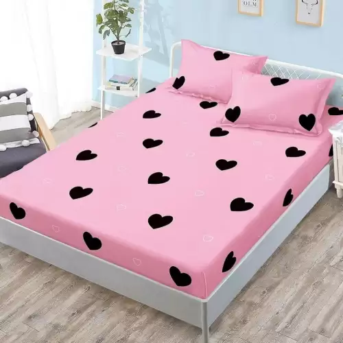 Cearsaf cu Elastic, Bumbac Satinat, 180x200 cm + 2 Fete de Perna 50x70 cm, Roz, Inimioare