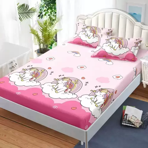 Cearsaf cu Elastic, Bumbac Satinat, 180x200 cm + 2 Fete de Perna 50x70 cm, Roz, unicorni