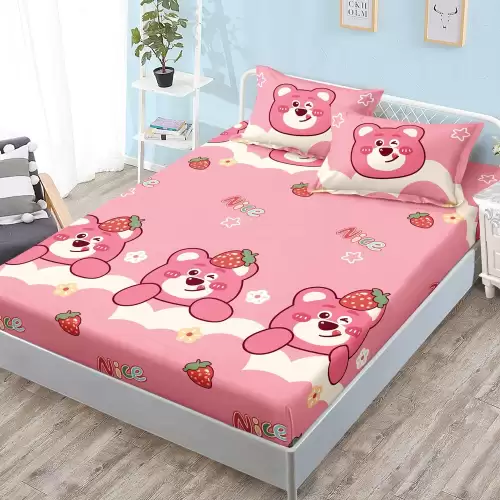 Cearsaf cu Elastic, Bumbac Satinat, 180x200 cm + 2 Fete de Perna 50x70 cm, Roz, ursuleti